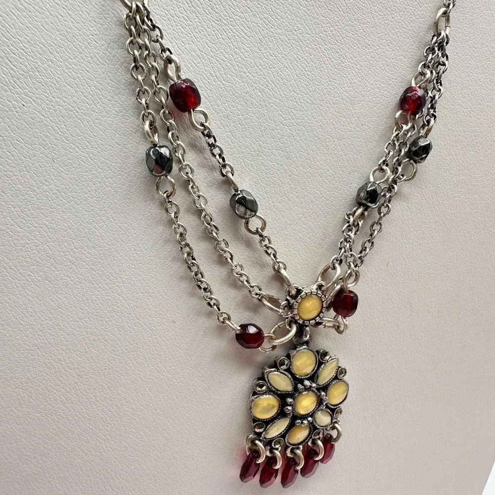 Vintage 20s Yellow Flower Pendant Silver Tone Multi-Strand‎ Necklace Jewelry